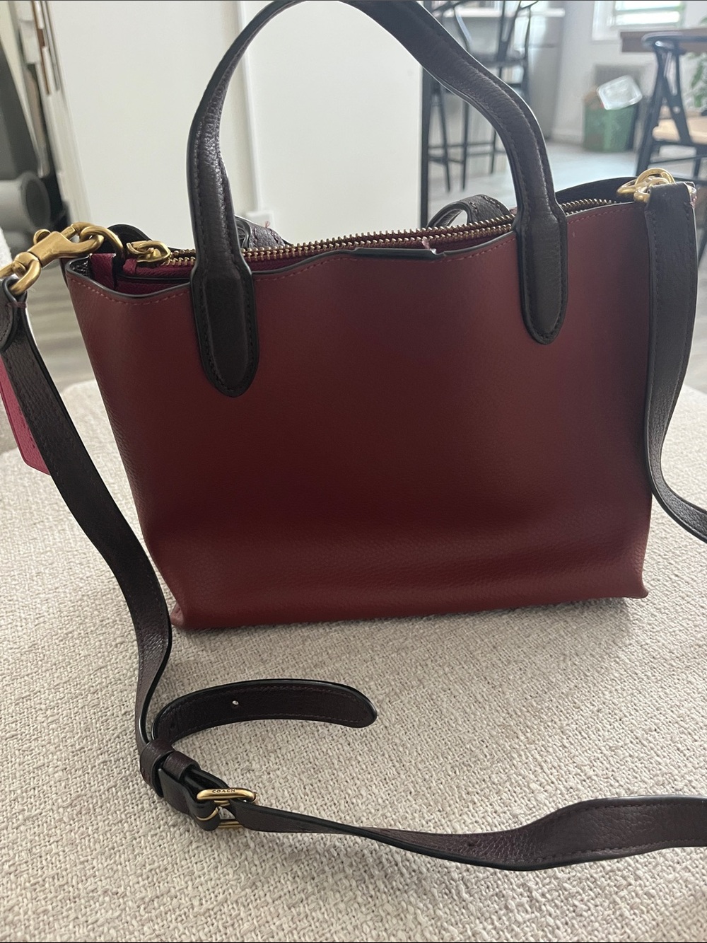 Coach Pebbled Leather Shoulder Bag in Burgundy with Dark Brown Trim - Picture 2 of 4